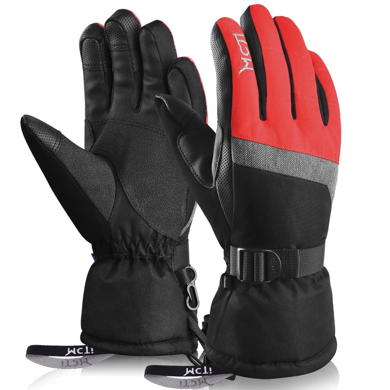 MCTi Ski Gloves,Winter Waterproof Snowboard Snow 3M Thinsulate Warm Touchscreen Cold Weather Women Gloves Wrist Leashes Red Medium - Image 1